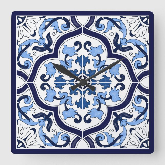 Relógio Quadrado Ornamentado Azul Floral Mediterrâneo Azulejo Sicil (Frente)