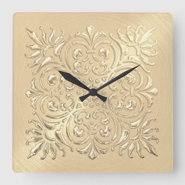 Relógio Quadrado Ornamentado com aspecto embutido Dourado (Frente)