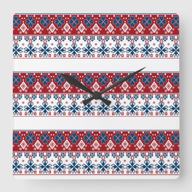 Relógio Quadrado ornamento azul vermelho (Frente)