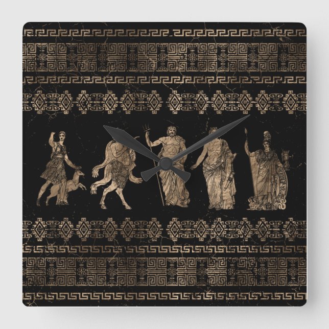 Relógio Quadrado Ornamento-chave de Deidades Gregas e Meander (Frente)