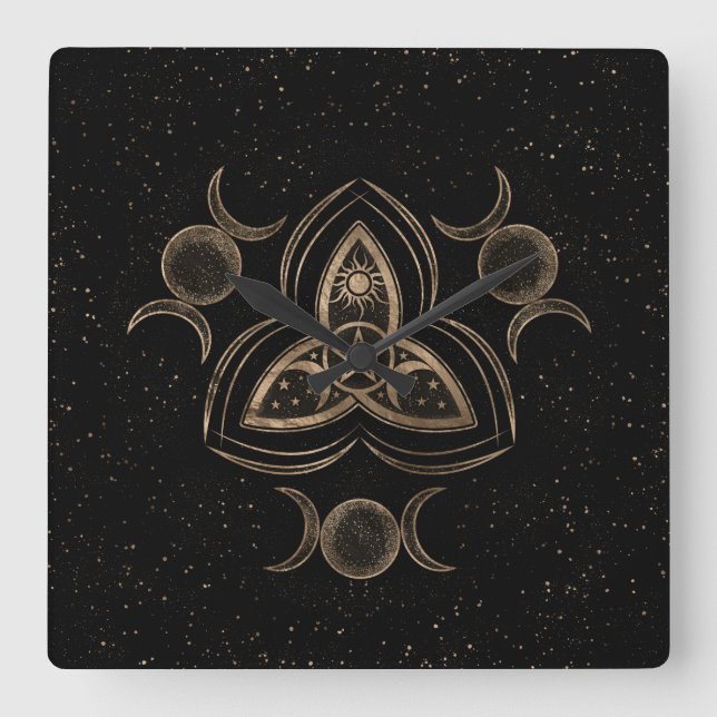 Relógio Quadrado Ornamento da Lua Tripla Tripla Triquetra com Penta (Frente)