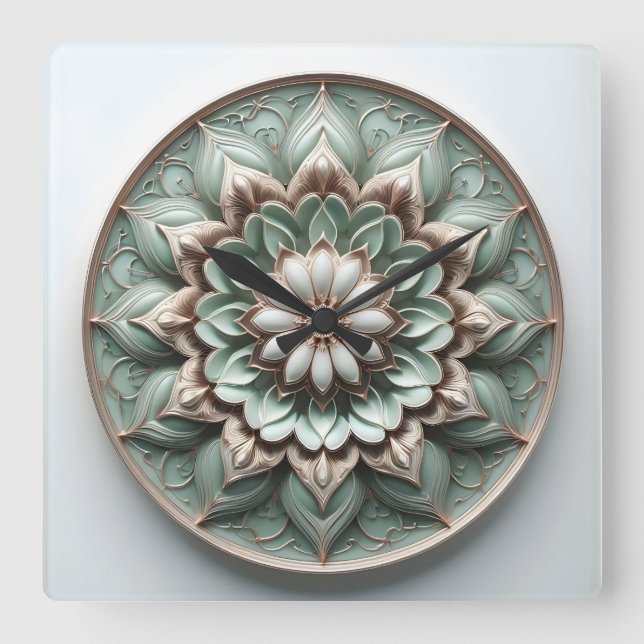 Relógio Quadrado ornamento estilo mandala verde suave (Frente)