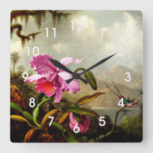 Relógio Quadrado Orquídeas e Hummingbird perto de um lago de montan