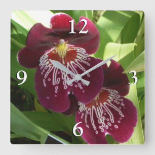 Relógio Quadrado Orquídeas Maroon II Floral Elegante