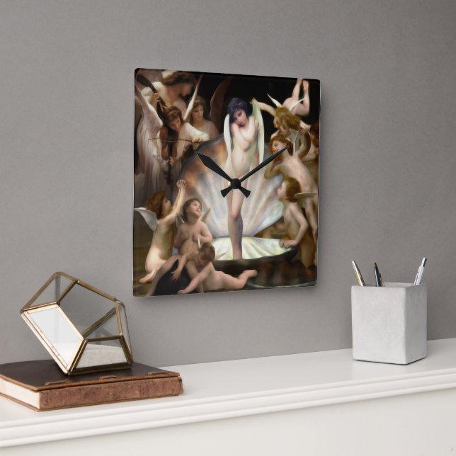 Relógio Quadrado Os anjos de Bouguereau circundam o Cupido (Escritório)