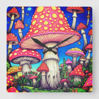 Relógio Quadrado Os Coloridos Cogumelos Vermelhos e Amarelos em um 