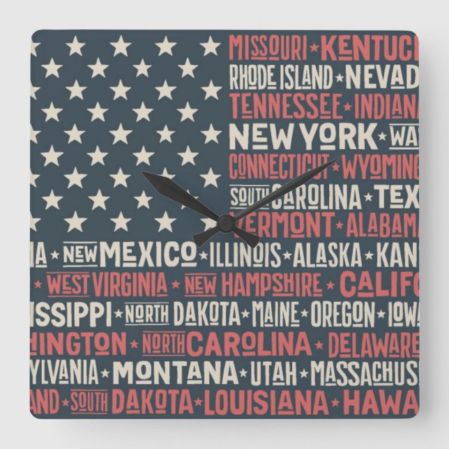 Relógio Quadrado Os Estados Unidos da América |States & capitais (Frente)