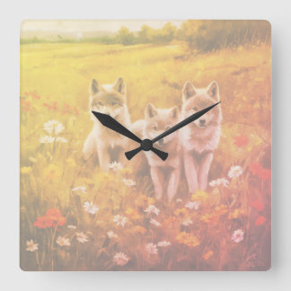 Relógio Quadrado Os três filhotes de lobo cinzento à espera