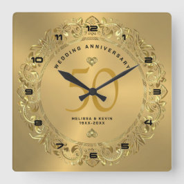 Relógio Quadrado Ouro brilhante Swirls Circular 50º casamento