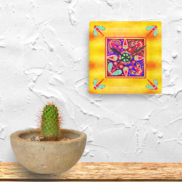 Relógio Quadrado Ouro Huichol Mexicano e Padrões de Arte Roxo