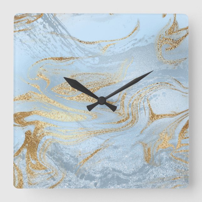 Relógio Quadrado Ouro moderno e brilhante mármore azul (Frente)