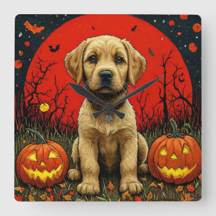 Relógio Quadrado Ouro Retriever Puppy Com Pumpkins De Halloween