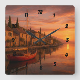 Relógio Quadrado Ouro Sunset Sobre Vila Costeira