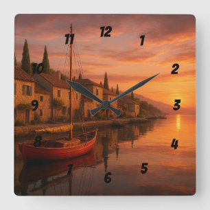 Relógio Quadrado Ouro Sunset Sobre Vila Costeira