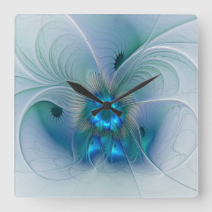 Relógio Quadrado Ovações de Pé, Fractal Azul Turquesa Abstrato