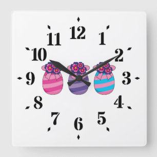 Relógio Quadrado Ovos de Páscoa com Flores e Fita