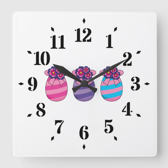 Relógio Quadrado Ovos de Páscoa com Flores e Fita (Frente)