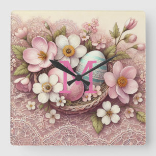 Relógio Quadrado Ovos florais cor-de-rosa com rendas monograma numa