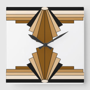 Relógio Quadrado Padrão Art Deco em castanho, castanho e preto