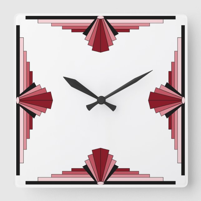 Relógio Quadrado Padrão Art Deco em Reds (Frente)