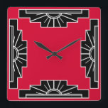 Relógio Quadrado Padrão Art Deco em vermelho<br><div class="desc">Baseado em formas clássicas de deco artístico de uma explosão solar,  recriado em vermelho e preto</div>