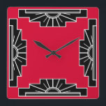 Relógio Quadrado Padrão Art Deco em vermelho<br><div class="desc">Baseado em formas clássicas de deco artístico de uma explosão solar,  recriado em vermelho e preto</div>