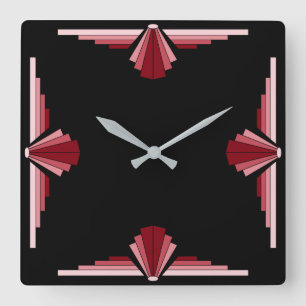 Relógio Quadrado Padrão Art Deco em vermelho