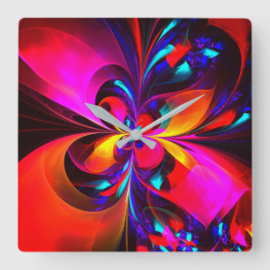 Relógio Quadrado Padrão Azul Vermelho Abstrato Floral Moderno #07