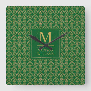 Relógio Quadrado Padrão Damask Seamless Verde Esmeralda e Dourado