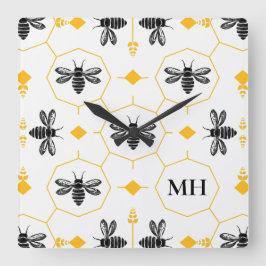 Relógio Quadrado Padrão de Abelha Elegante Monograma Preto Amarelo 