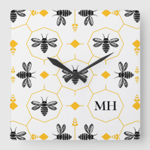 Relógio Quadrado Padrão de Abelha Elegante Monograma Preto Amarelo 