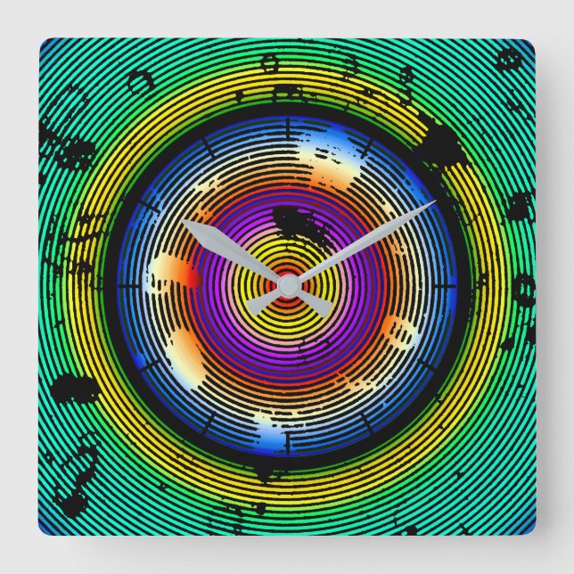 Relógio Quadrado Padrão de Abstrato de Multicoloração Circular (Frente)