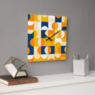 Relógio Quadrado Padrão de Arte Retro Laranja Amarelo Azul Marinho 