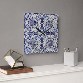 Relógio Quadrado Padrão de Azulejo Branco Geométrico Azul Vintage