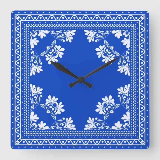 Relógio Quadrado Padrão de Bandana Azul (Frente)