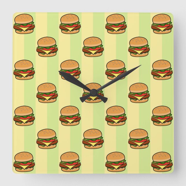 Relógio Quadrado Padrão de Burger (Frente)