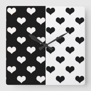 Relógio Quadrado Padrão de Coração de Amor Branco Negro