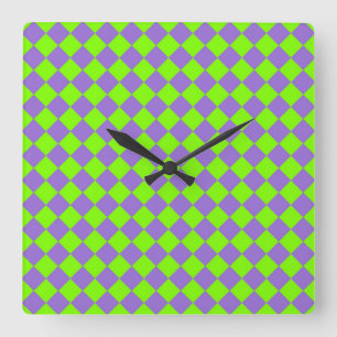 Relógio Quadrado Padrão de Diamante Xadrez Verde Roxo