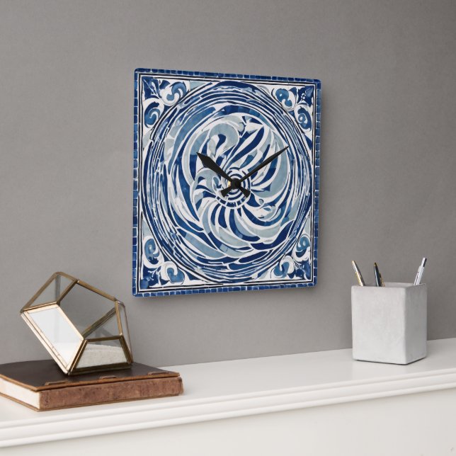 Relógio Quadrado Padrão de espiral branco azul 02 (Escritório)