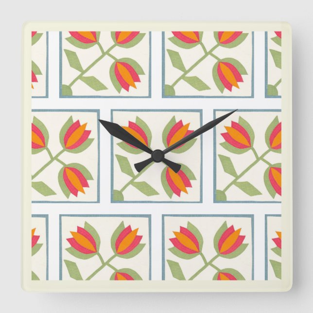 Relógio Quadrado Padrão de Flores Decorativas Modernas (Frente)