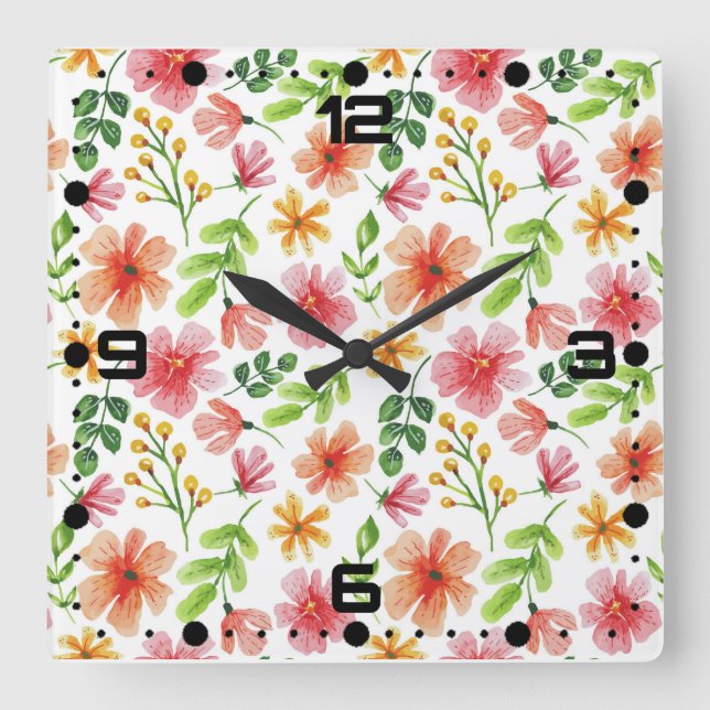 Relógio Quadrado Padrão de Flores Rosa em Aquarela (Frente)