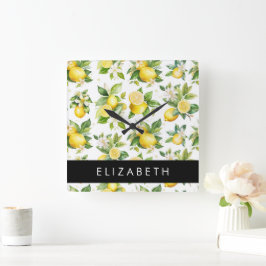 Relógio Quadrado Padrão De Limão, Flores De Limão, Folhas, Seu Nome