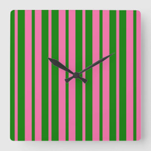 Relógio Quadrado Padrão de Listras Elegantes Rosa e Verde Design 
