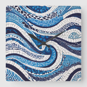 Relógio Quadrado Padrão de onda branca azul 05