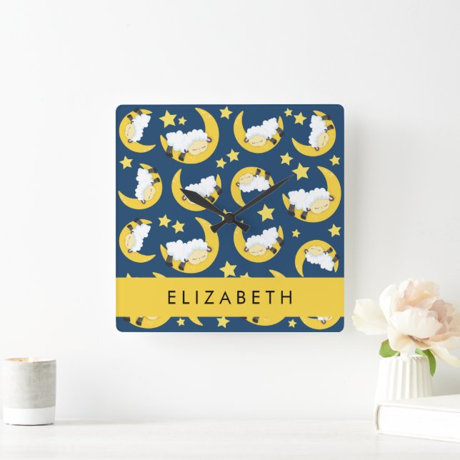 Relógio Quadrado Padrão De Ovelha, Ovelha Dormindo, Lua, Seu Nome (Lar)