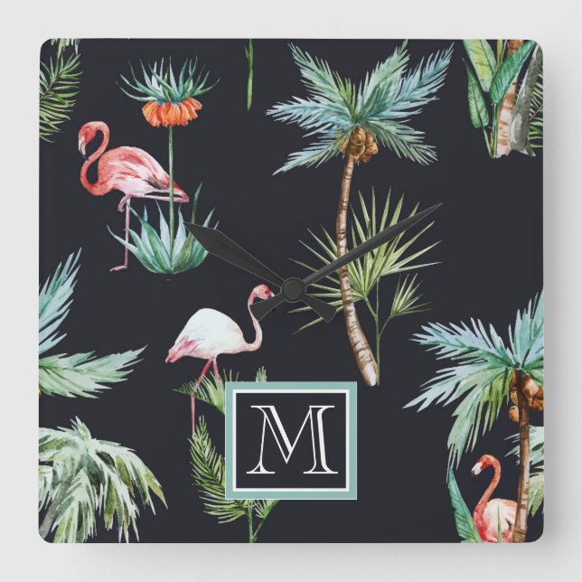 Relógio Quadrado Padrão de Palma de Aquarela | Adicione a sua versã (Frente)