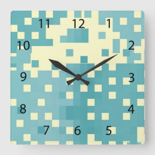 Relógio Quadrado Padrão de Pixel Azul e Ciano