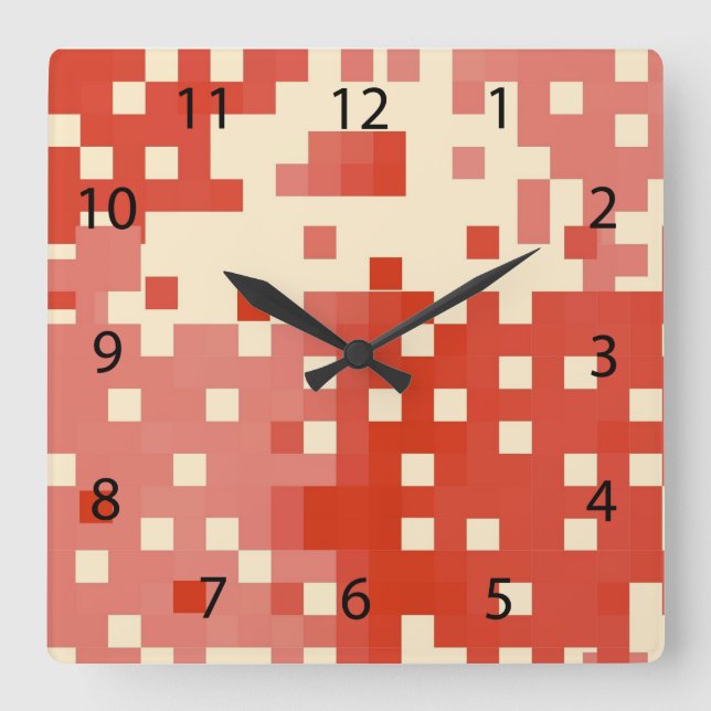 Relógio Quadrado Padrão de Pixel Vermelho e Rosa (Frente)