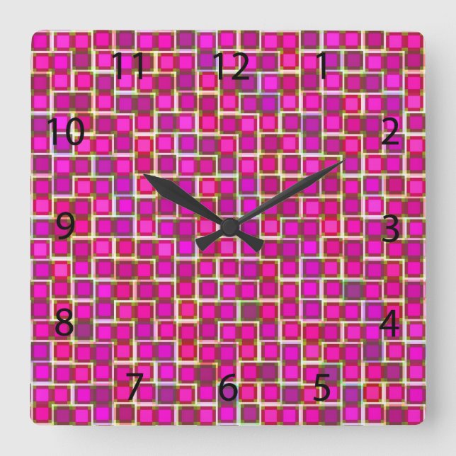 Relógio Quadrado Padrão de quadrados cor-de-rosa abstrato (Frente)