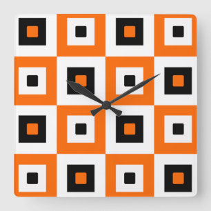 Relógio Quadrado Padrão de Quadrados Xadrez Laranja Preto e Branco